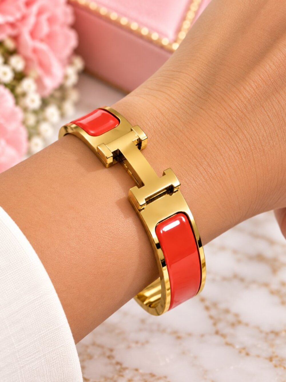 18K Gold Plated Hermes Style Click H Gold & Orange Bracelet